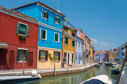 Burano, Italy, colorful houses, canal, boats, tourst attraction, tourists, old, summer, Włochy