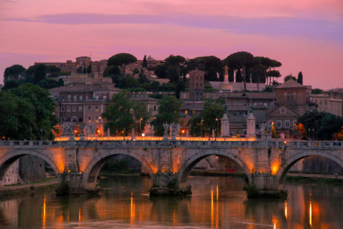 Ponte Sant'Angelo , Pons Aelius, Bridge of Hadrian, Vatican, Rome, river, bridge, old bridge, bridge in Rome, old, Angels, lights, evening