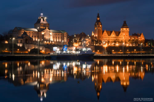 Wały Chrobrego, Szczecin, Stettin, Stettin by night, Szczecin nocą, river, Odrs, oder, lights, night, old buildings, Poland, Polska