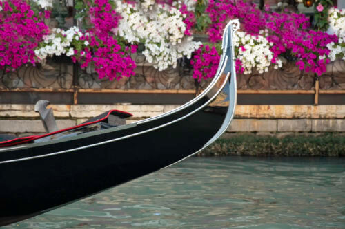 Gondola wenecka, Venetian gondola, touris attraction, tourist, blue boat, boat, old boat, old, flowers, canal, venetian canal, white flowers, purple flowers