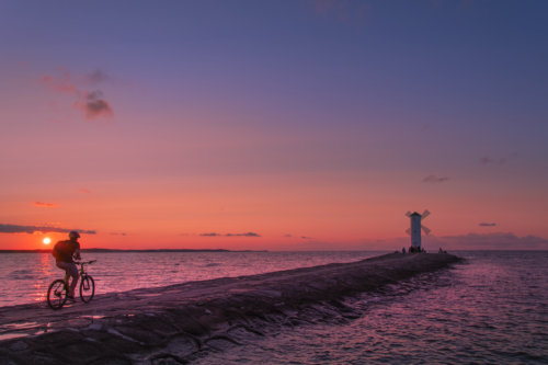 Sunset cyclist Rowerzysta Baltic sea, świnoujście, Poland, windmill, stawa młyny, stawa młyny świnoujście, water
