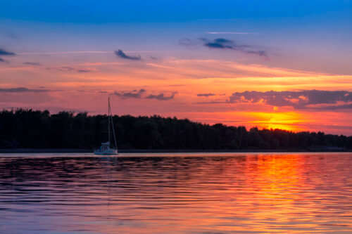 Żeglowanie, Yachting, sail, sailing, water, orange sunset over water, sunrise, sky and clouds, nature