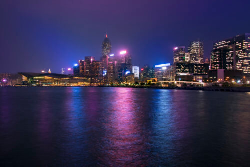 Hong Kong city by night skyscrapers