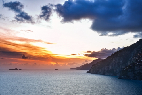 Sunset, sunrise, clouds, landscape, hills in Positano